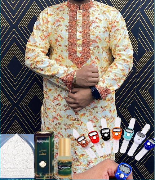 Premium Digital Print Cotton Panjabi, Attar, Digital Tasbeeh & Topi